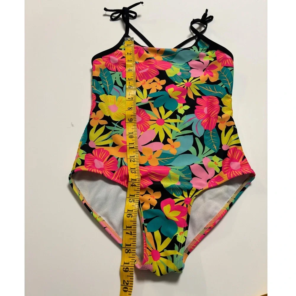 Cat & Jack Girls Swimsuit Size M 8 Tropical Floral One Piece Cross Back Tie Pink